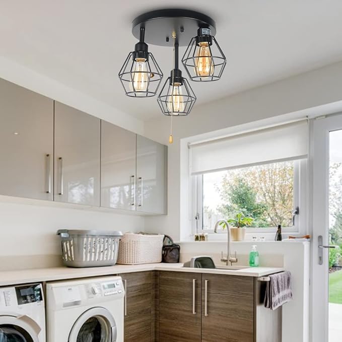 Industrial Pull Chain Ceiling Light Fixture, Black Metal Cage Semi Flush Mount Lighting with Pull String Modern Steampunk Entryway Kitchen Light 3 Lights Edison E26 BW17154