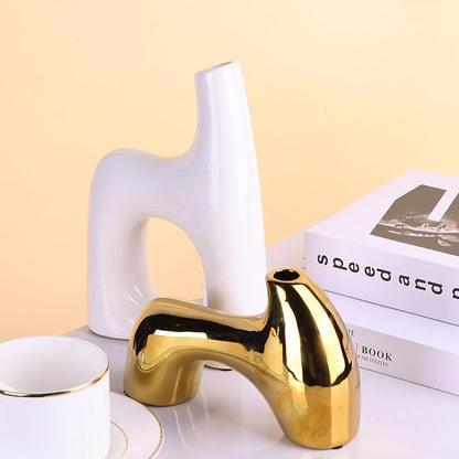 Snuggle Hollow Ceramic Vase Set of 2,Funky White and Gold Vases for Centerpieces Table Decorations,Gold Vases for Centerpieces,Modern Flower Vase for Tables Living Room,Unique Vase