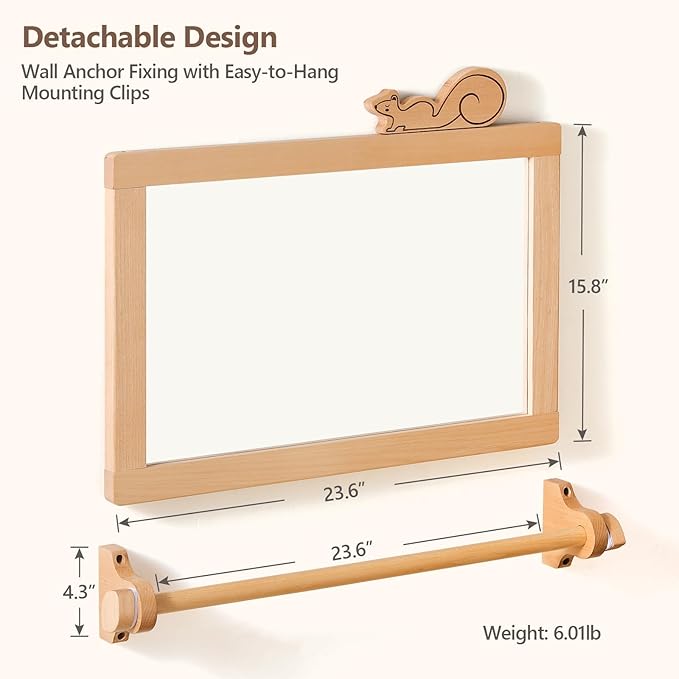 HI BABY MONMENT Montessori Mirror with Bar, Detachable Wooden Frame, Non-Shatter Safety, Wall Mount, Baby Mirror
