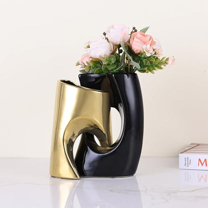 Black and Gold Vase Set of 2, Nordic Modern Ins Style Vases, Boho Ceramic Vases for Centerpieces, Mid Century Abstract Donut Vase, Unique Funky Vase for Wedding, Decorative Pampas Grass Vase Decor