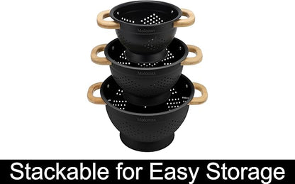 Metal Colander with Wood Handle | Set of 3 with Bamboo Handles | 1.5Q, 3Q, 5Q (Black Sesame Seed)