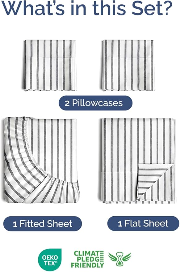 Extra Deep Twin XL Sheet Set - 4 Piece Breathable and Cooling Sheets - Hotel Luxury Bed Sheets Set - Easy Fit - Soft, Wrinkle Free and Comfy Sheets Set - Grey Striped Sheet Set with Extra Deep Pockets
