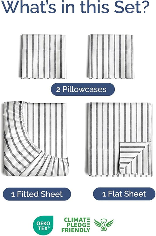 Extra Deep Twin XL Sheet Set - 4 Piece Breathable and Cooling Sheets - Hotel Luxury Bed Sheets Set - Easy Fit - Soft, Wrinkle Free and Comfy Sheets Set - Grey Striped Sheet Set with Extra Deep Pockets