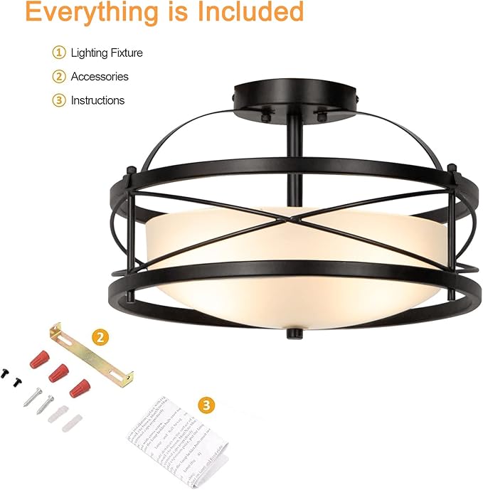 Semi Flush Mount Ceiling Light Fixtures for Farmhouse Hallway Kitchen Retro Vintage Metal Cage Drum Close to Ceiling Light E26 Base Black