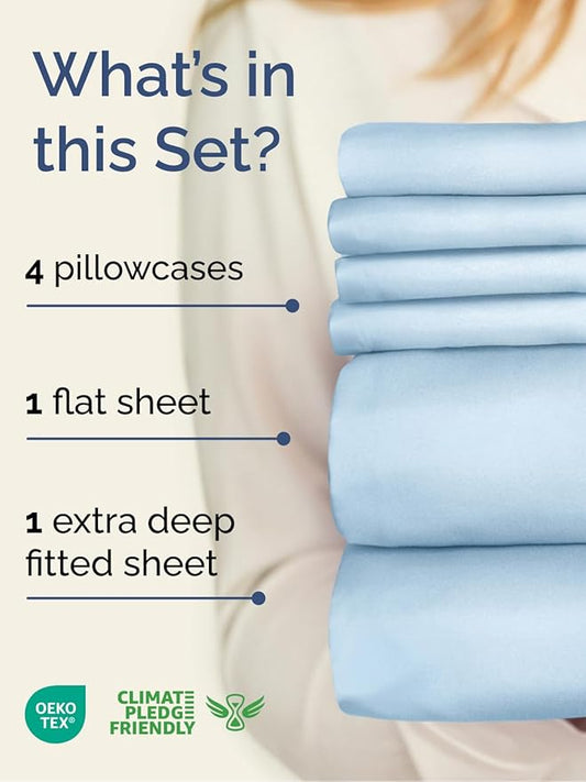 Extra Deep Queen Sheet Set - 6 Piece Breathable & Cooling Sheets - Hotel Luxury Bed Sheets Set - Easy & Secure Fit - Soft, Wrinkle Free & Comfy Sheets Set - Light Blue Sheet Set w/Extra Deep Pockets