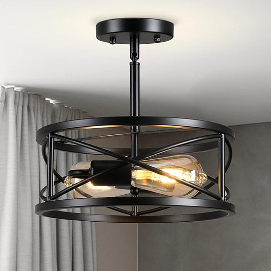 Farmhouse Semi Flush Mount Ceiling Light Fixtures, 11.8“ 2-Light Black Industrial Sloped Ceiling Lighting with Metal Cage for Kitchen, Hallway, Entryway, Laundry Room, Bedroom, E26