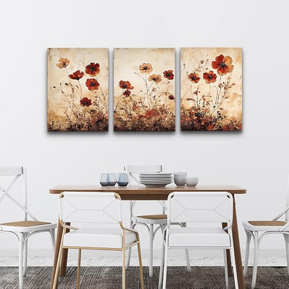 DZRWUBHS Boho Wall Art For Living Room Minimalist Wall Decor For Bedroom Vintage Flowers Pictures Office Decorations Bathroom Canvas Prints Modern Aesthetic Home Decor Artwork 3 Piece Ready To Hang