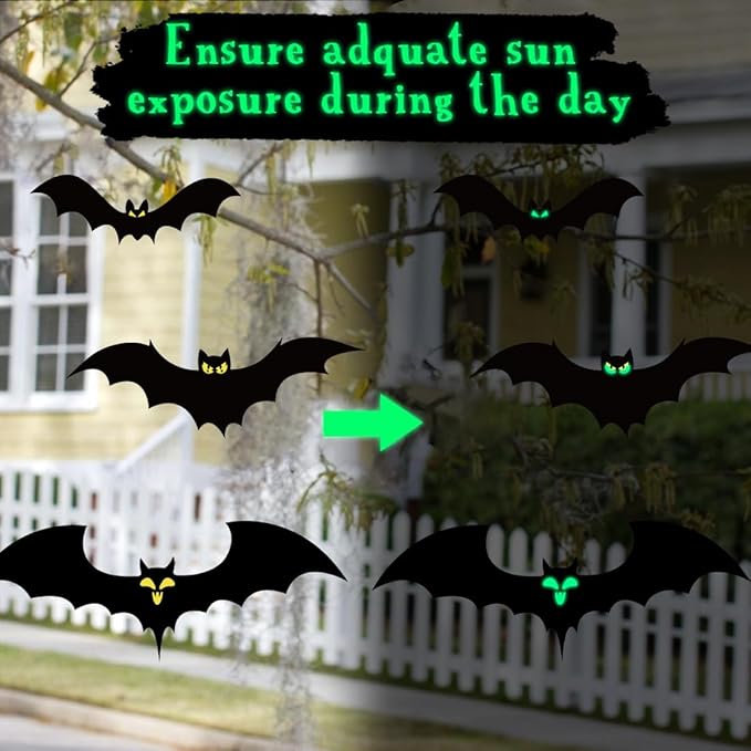 13 PCS Hanging Bats Halloween Decoration Outdoor Black Plastic Bats with Glowing Eyes Different Size Flying Bats Halloween Decor Hanging in The Tree, Porch, Yard, Lawn, Indoor