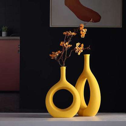 Yellow Ceramic Vase Set 2,Modern Hollow Circle with Hole Flower Vase for Home Decor,for Table Centerpieces,Farmhouse,Fire Place,Living Room,Bedroom,Office,Bookshelf,Rustic Decor