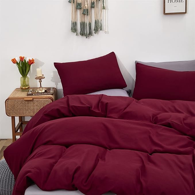 Cottonight Dark Red Comforter King Burgundy Bedding Chic Modern Wine Red Blanket Quilt Breathable Cotton Modern Solid Blackish Red Comforter Set for Women Men King Bed