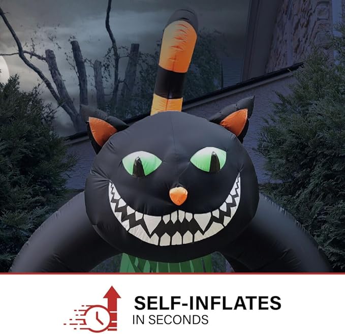 Haunted Hill Farm 10-Ft Tall Black Cat Arch Blow Up Inflatable with Lights, Outdoor Halloween Inflatable Decoration for Lawn and Yard, Giant Spooky Holiday Decor
