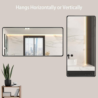 LOAAO 60X28 Inch Black Metal Framed Bathroom Mirror for Wall, Matte Black Bathroom Vanity Mirror Farmhouse, Large Rounded Rectangle Mirror, Anti-Rust, Tempered Glass, Hangs Horizontally or Vertically