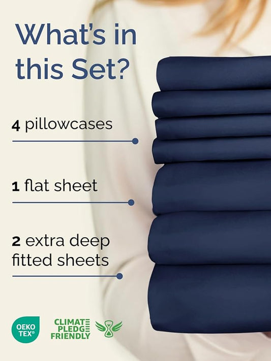 Extra Deep Split King Sheet Set - 7 Piece Breathable and Cooling Sheets - Hotel Luxury Bed Sheets Set - Easy Fit - Soft, Wrinkle Free and Comfy Sheets Set - Navy Blue Sheet Set with Extra Deep Pockets