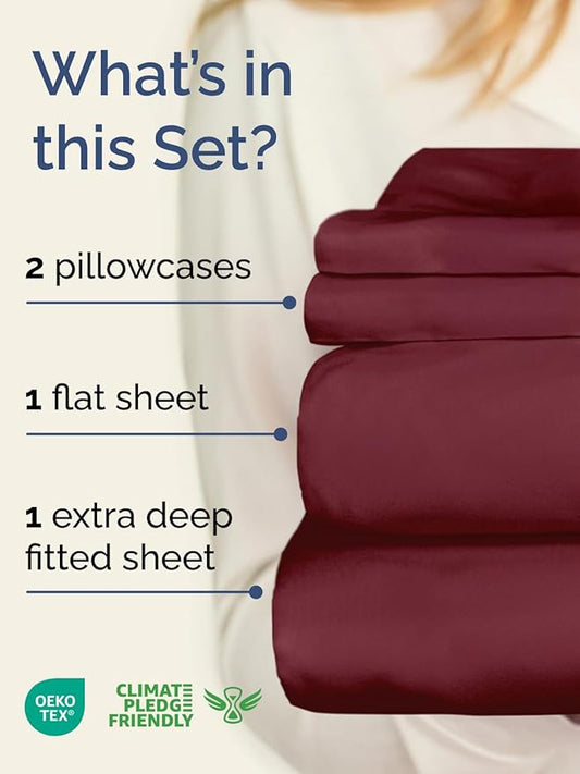 Extra Deep Twin XL Sheet Set - 4 Piece Breathable & Cooling Sheets - Hotel Luxury Bed Sheets Set - Easy & Secure Fit - Soft, Wrinkle Free & Comfy Sheets Set - Burgundy Sheet Set w/Extra Deep Pockets