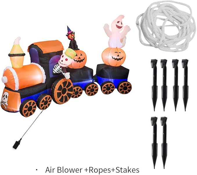 AJY 9 Feet Halloween Inflatable Train with Kittens White Ghosts/Pumpkin with LED Lights Blow up Lighted Yard Decor Giant Lawn Halloween Inflatable Home Garden Party Favor Decoration
