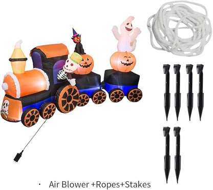 AJY 9 Feet Halloween Inflatable Train with Kittens White Ghosts/Pumpkin with LED Lights Blow up Lighted Yard Decor Giant Lawn Halloween Inflatable Home Garden Party Favor Decoration