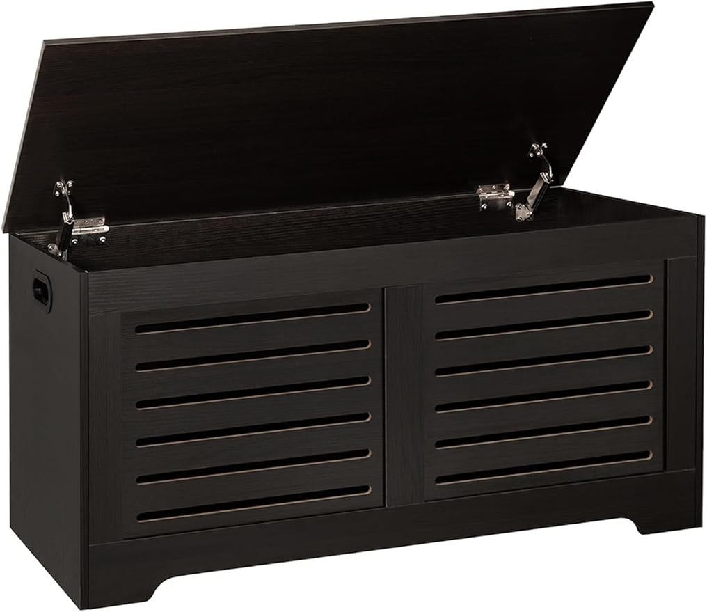 DINZI LVJ Storage Chest, 43.3” Wooden Toy Box with 2 Safety Hinges, Retro Entryway Shoe Storage Bench with Flip-Top, Sturdy Large Storage Trunk for Living Room, Bedroom, Easy Assembly, Espresso