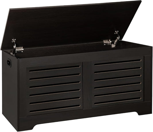 DINZI LVJ Storage Chest, 43.3” Wooden Toy Box with 2 Safety Hinges, Retro Entryway Shoe Storage Bench with Flip-Top, Sturdy Large Storage Trunk for Living Room, Bedroom, Easy Assembly, Espresso