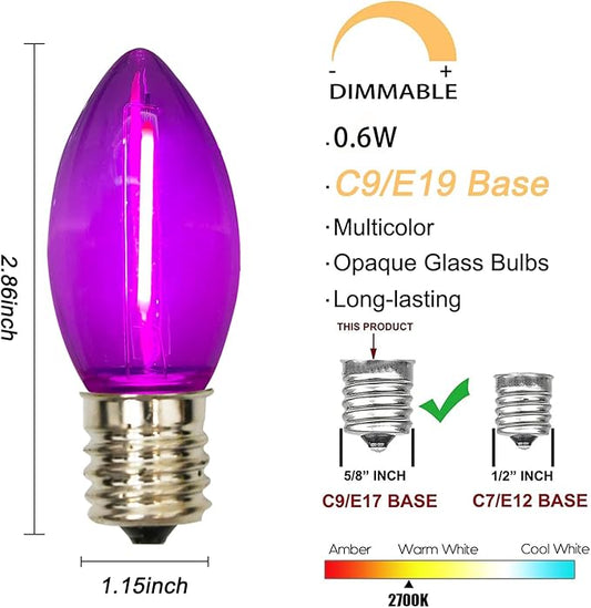 25 Pack C9 LED Multicolor Christmas Light Bulb, C9 Shatterproof LED Multicolor Bulb for Christmas Outdoor String Lights, E17 Intermediate Base Night Light Bulb, 0.6W Commercial Grade Dimmable Bulbs