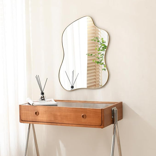 Irregular Wall Mirror Gold Wave Shaped Matel Framed Wall Mirror for Bathroom Bedroom Entryway Living Room Wall Decor 24" L x 18" W 2305Gold