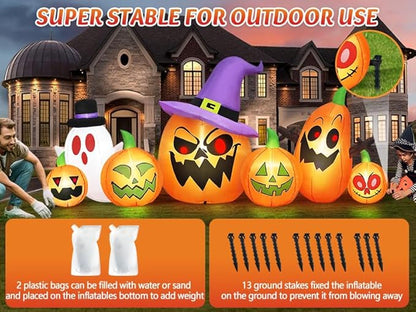 Danxilu 8FT Long Halloween Inflatables Outdoor Decorations, Haunted Inflatable Pumpkins with Witch Hat & Ghost Combo Blow Up Yard Decoration Built-in LEDs Lighted for Lawn Garden Outside Indoor Decor