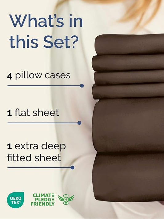 Extra Deep Cal King Sheet Set - 6 Piece Breathable & Cooling Sheets - Hotel Luxury Bed Sheets Set - Easy & Secure Fit - Soft, Wrinkle Free & Comfy Sheets Set - Brown Sheet Set with Extra Deep Pockets