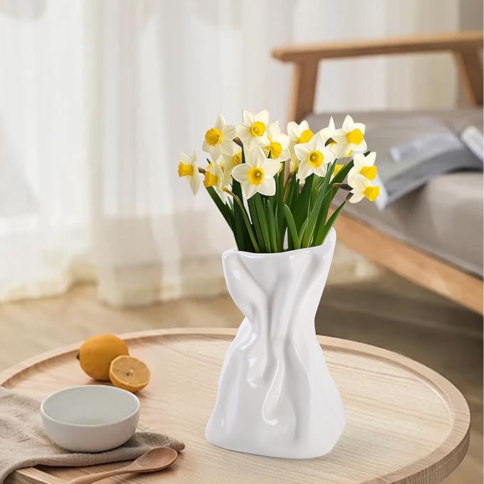 2 PCS Paper Bag Vase, White Ceramic Vase, Irregular Crinkle Flower Vases, Unique Boho Minimalist Art Decorative Vase for Flowers, Modern Home Decor for Room Table Office Wedding Party