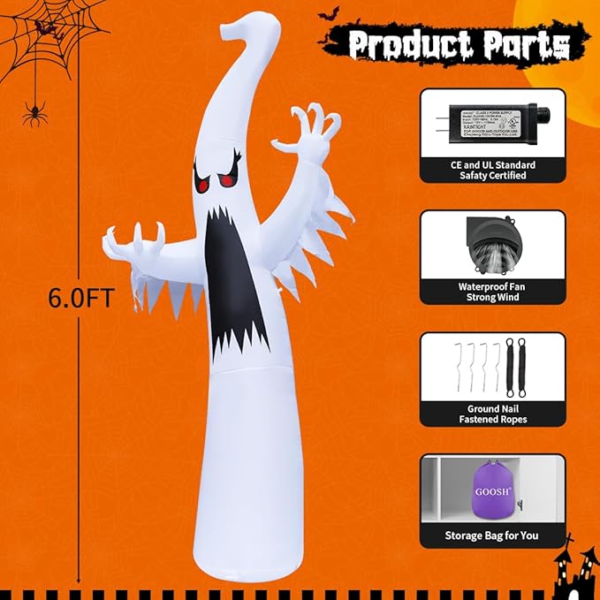 GOOSH 6 FT Halloween Inflatables Ghost Outdoor Decorations Blow Up Yard Scary Red Eye Dimming Ghost with Built-in Colorful LEDs for Garden Lawn Indoor Party Decor