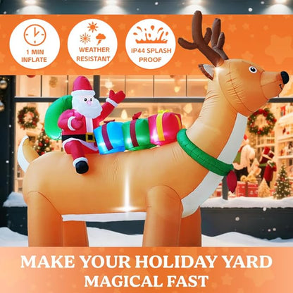 GARIG 10FT Christmas Inflatables Reindeer and Santa Claus Outdoor Decorations, Christmas Blow Up Yard Decorations with Built-in LEDs for Xmax Outdoor Party, Yard, Garden