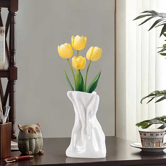 2 PCS Paper Bag Vase, White Ceramic Vase, Irregular Crinkle Flower Vases, Unique Boho Minimalist Art Decorative Vase for Flowers, Modern Home Decor for Room Table Office Wedding Party