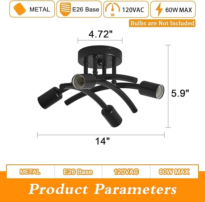 BUXVRCS Semi Flush Mount Ceiling Light Fixture, Modern Sputnik Chandelier Light Fixtures, Industrial Kitchen Light Fixtures Ceiling Mount, 4-Light Dining Room Light Fixture for Bedroom Hallway (Black)