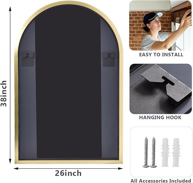 HARRITPURE 26" x 38" Arch Mirror Bathroom Wall Mounted Mirrors Gold Vanity Mirror with Metal Frame for Bedroom Living Room Entryway