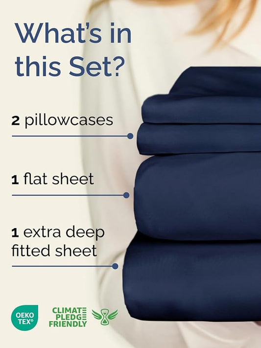 Extra Deep Twin Sheet Set - 4 Piece Breathable & Cooling Sheets - Hotel Luxury Bed Sheets Set - Easy & Secure Fit - Soft, Wrinkle Free & Comfy Sheets Set - Navy Blue Sheet Set with Extra Deep Pockets