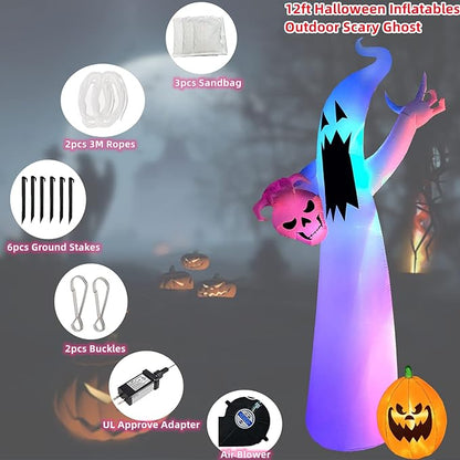 12 Ft Halloween Inflatable Decorations, Ghost Inflatables Outdoors Giant Large Halloween Decor Built-in Led Lights with Tethers, Stakes for Yard, Garden, Lawn Festival Holiday Party