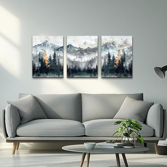 DZRWUBHS Canvas Wall Art for Bedroom Modern Wall Decor for Living Room Office Decorations Mountain Landscape Wall Pictures Foggy Forest Vintage Paintings Artwork Bathroom Home Decor Prints 3 Piece