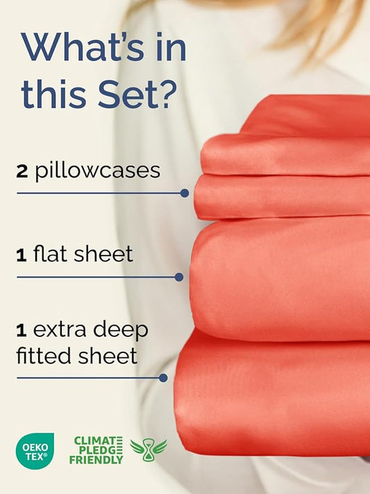 Extra Deep Twin Sheet Set - 4 Piece Breathable and Cooling Sheets - Hotel Luxury Bed Sheets Set - Easy & Secure Fit - Soft, Wrinkle Free and Comfy Sheets Set - Coral Sheet Set with Extra Deep Pockets