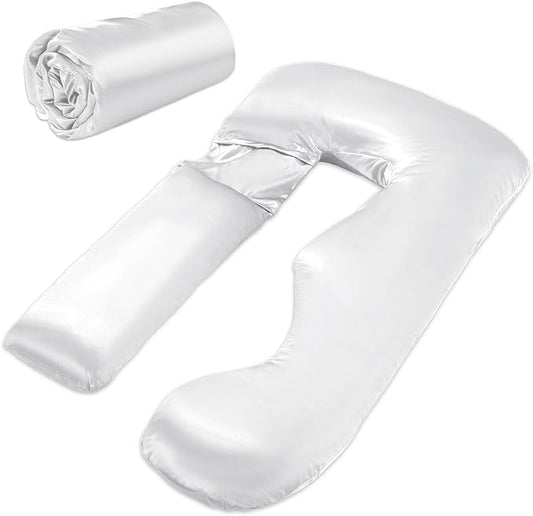 HOMBYS Silky Satin Pregnancy Pillow Cover (ONLY Pillowcase), Luxurious Smooth Maternity Pillow Cover, U Shaped Soft & Breathable Large Pillow Protector for Side Sleeper, 58.6" L x 30.9" W, White
