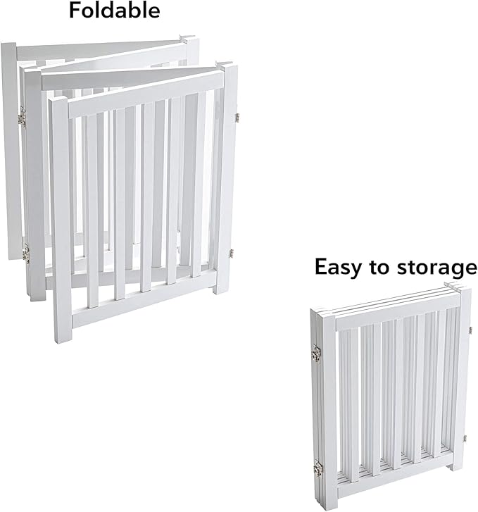 LZRS 4-Panel Wooden Free Standing Foldable Dog Gate – 24" High, Extra Wide Step-Over Safety Pet Gate for Doorways, Stairs, Hallways, Large Spaces & Playpen for Puppies Indoor Use, White