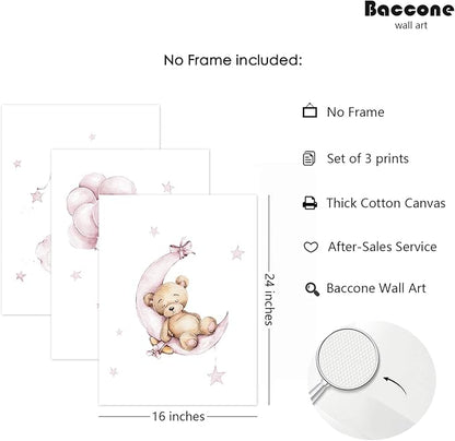 Bear Nursery Wall Art Decor Set of 3 Teddy Bear Wall Art Baby Girl Canvas Wall Decor Pink Pictures Balloon Nursery Children Prints Artwork Moon Star Cloud Art for Boys Room Bedroom 16x24 Inch Unframed