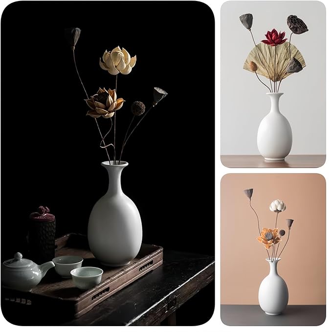 White Ceramic Vase with Dried Flowers, Handmade in Jingdezhen, for Modern Home Decor Office Bookshelf Tables Living Room Bedroom Shelf Decor Entryway Dry Flower Arrangement Ornament