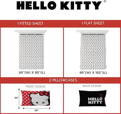Franco Collectibles Hello Kitty Polka Dot Bedding Super Soft Microfiber 4 Piece Queen Sheet Set, (Officially Licensed Product)