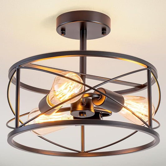 Industrial Farmhouse Semi Flush Mount Ceiling Light, 3-Light Drum Shade Fixture, Black