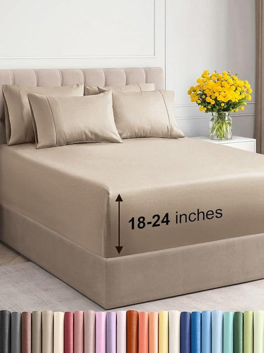 Extra Deep Queen Sheet Set - 6 Piece Breathable and Cooling Sheets - Hotel Luxury Bed Sheets Set - Easy & Secure Fit - Soft, Wrinkle Free and Comfy Sheets Set - Cream Sheet Set with Extra Deep Pockets