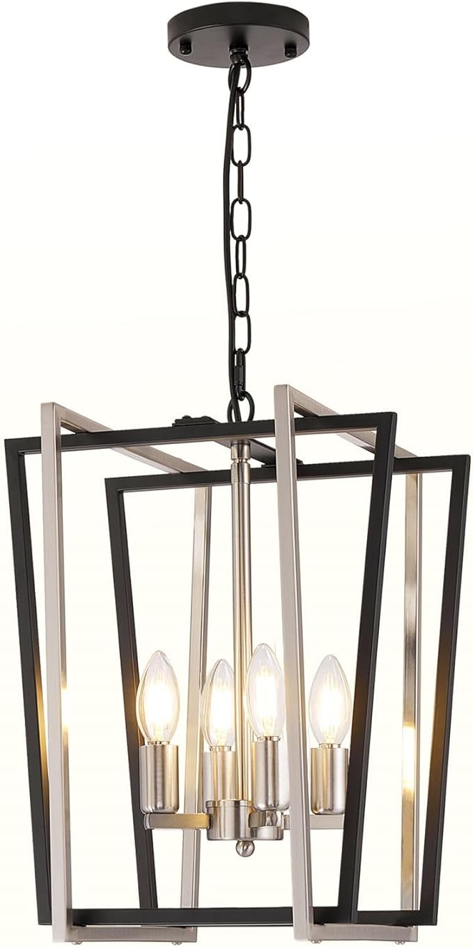 4-Light Silver Chandelier, Farmhouse Lantern Pendant Lighting Fixtures, Industrial Ceiling Light, Adjustable Height Rustic Geometric Hanging Chandelier for Kitchen Island,Entryway,Foyer,E12 Socket