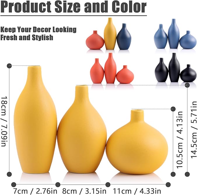 Ceramic Vase Set of 3, Minimalist Yellow, Orange, Blue Vases - Modern Farmhouse, Living Room, Shelf and Entryway Decor