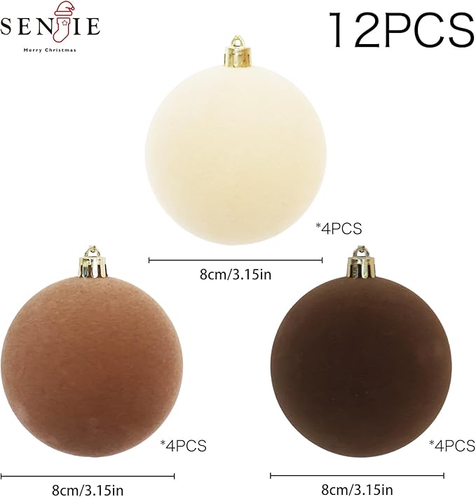 3.15inch Velvet Christmas Ornaments for Xmas Tree, 12 pcs Flocked Christmas Balls Set Assortment for Holiday Decor Multicolor
