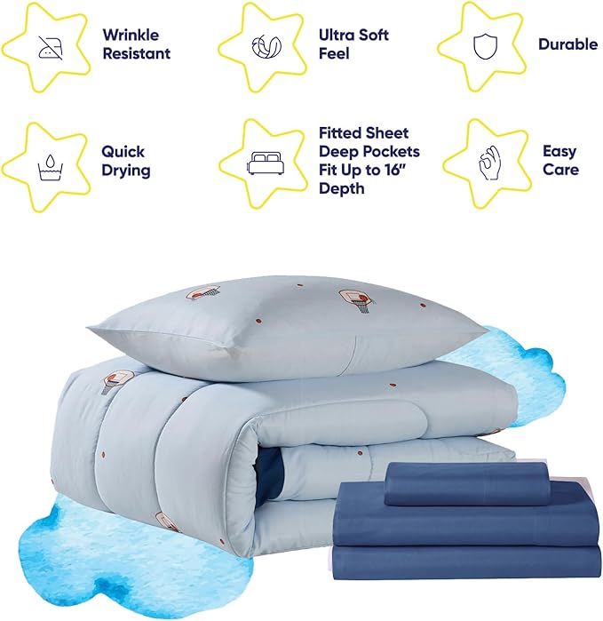 Basketball Comforter Set Twin Size – Bed in a Bag with Sheets, Pillowcases & Shams – Soft Stylish Sports Bedding – All Season Boy’s Basketball Bed Set