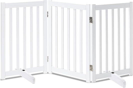 LZRS Solid Hardwood Freestanding Pet Gate,Wooden Dog Gates for Doorways,Nature Wood Dog Gates for The House,Dog Gate for Stairs,Freestanding Indoor Gate Safety Fence,White,30" Height-3 Panels