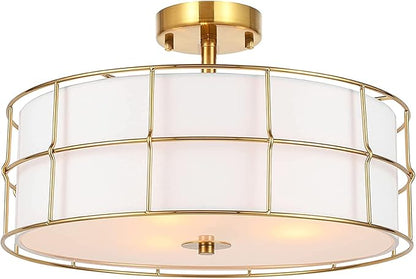 16" Semi Flush Mount Ceiling Light Fixture, 3-Light Golden Metal Mesh Drum Ceiling Light, Modern Close to Ceiling Light Fixtures with White Fabric Shade for Bedroom Living Room Kitchen Hallway