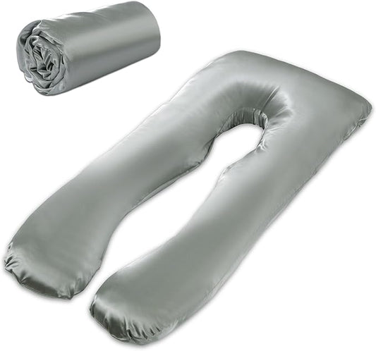 HOMBYS Silky Satin Pregnancy Pillow Cover (ONLY Pillowcase), Luxurious Smooth Maternity Pillow Cover, U Shaped Soft & Breathable Large Pillow Protector for Side Sleeper, 60.8" L x 31.5" W, Dark Grey